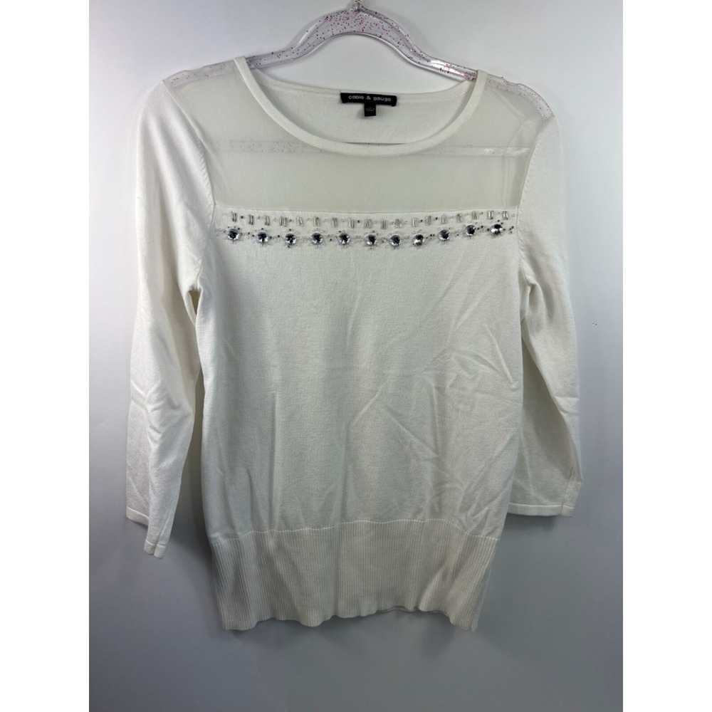 Cable & Gauge Sweater Women's Size M White 3/4 Sleeves Sequins Pullover